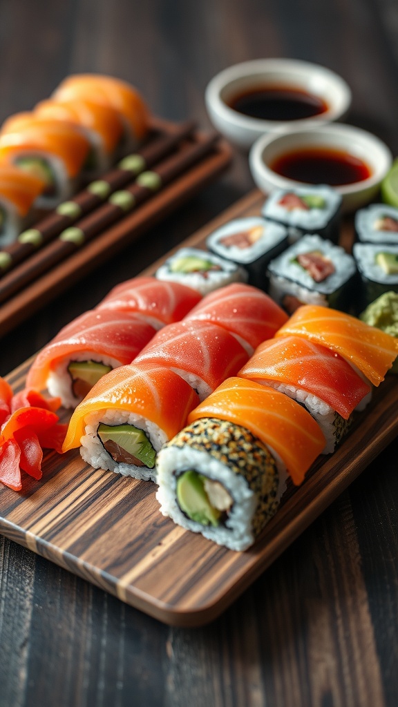 Delicious Homemade Sushi Set Recipe A sushi set with colorful rolls and garnishes on a wooden platter with soy sauce and chopsticks.